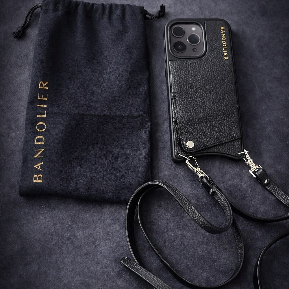 Iphone 14 pro - Bandolier black leather crossbody phone case set.